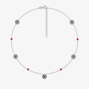 Collar Plateado Flores Verde Rosa