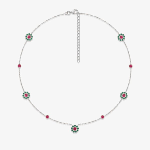Collar Plateado Flores Verde Rosa